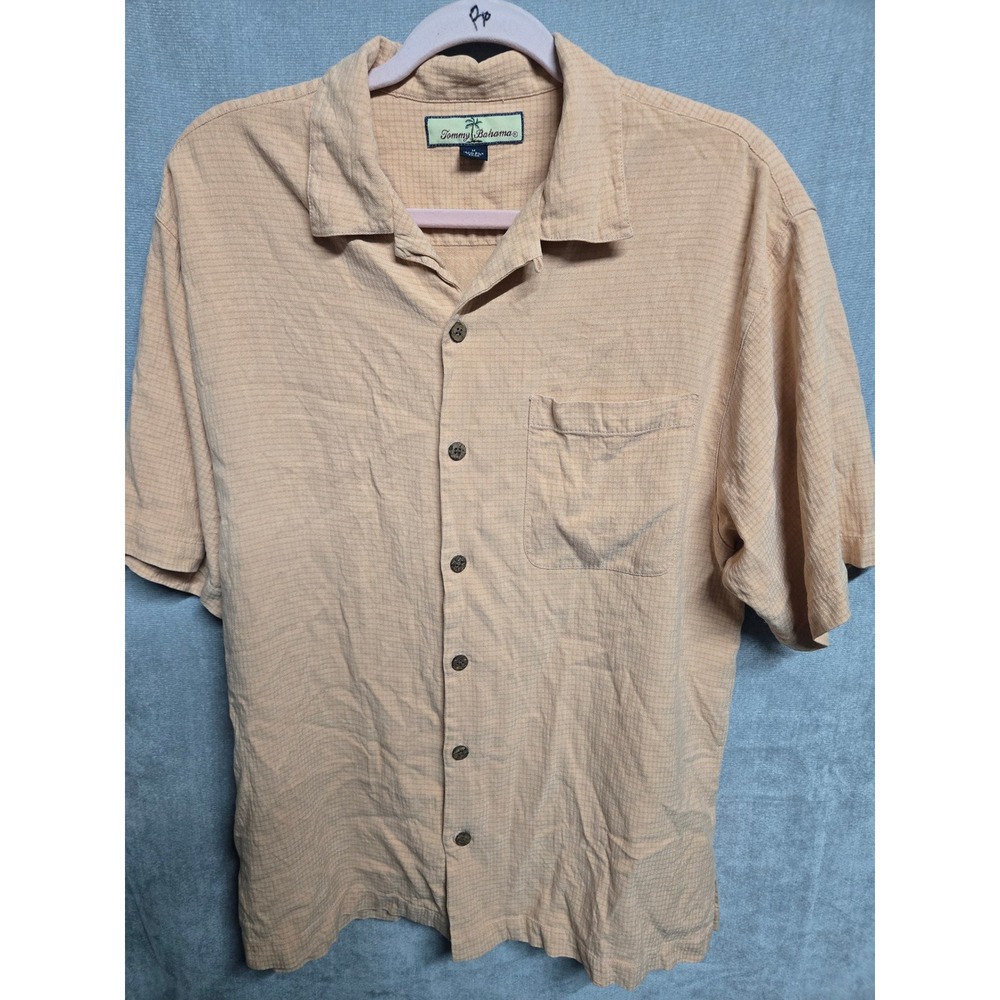 Tommy Bahama Mens Medium Peach 100% Silk Micro Grid Short Sleeve Camp Shirt